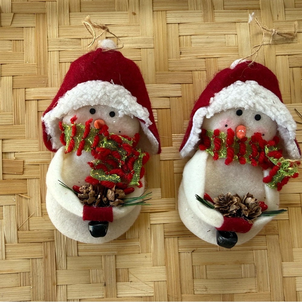 Set of 2 Holiday Snowman Ornaments with Red Hats and Festive Scarves